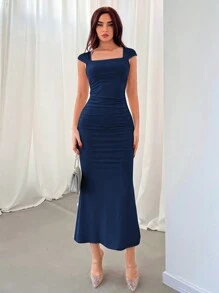 Aloruh Váy cổ vuông đơn giản hàng ngày màu trơn cho nữ - Màu xanh hải quân - Xem 2