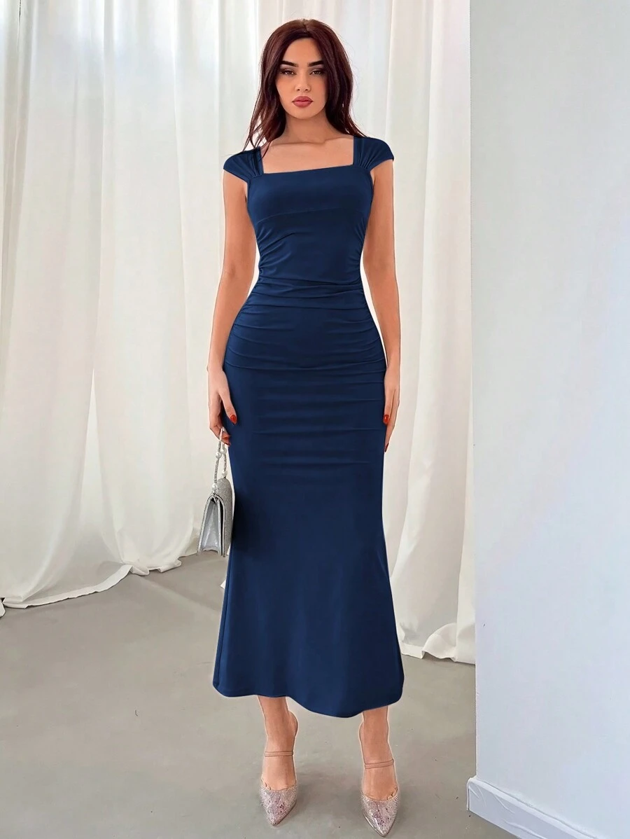 Aloruh Váy cổ vuông đơn giản hàng ngày màu trơn cho nữ