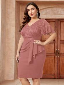 加大 V 领花卉蕾丝荷叶边袖荷叶边饰裹身下摆正式派对紧身连衣裙，半正式婚礼宾客连衣裙，适合生日、毕业典礼、晚宴、返校节、鸡尾酒会 - 藕粉色 - 查看 7