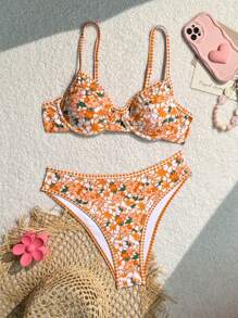 Swim Mod Conjunto de bikini floral de verano sexy estampado para mujer (con acolchado) con estampado aleatorio, conjunto de bikini de dos piezas, traje de baño lindo