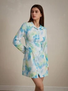 SHEIN Privé Summer Casual Random Dyed Print Tie-Front Waist Shirt Dress With Front Buttons Fall Cloth For Women - Multicolor - View 1