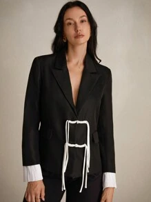 SHEIN Privé Color-Contrasting Chinese-Style Buckle Black Suit Jacket Fall Cloth For Women - Black - View 3
