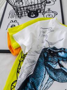 Set de 3 camisetas de manga corta con cuello redondo y gráfico de dinosaurio lindo para niño, conjunto informal para exterior, calle, fiesta, paseo por la ciudad