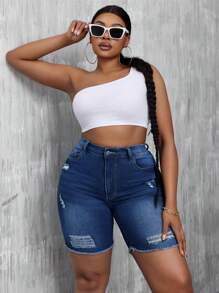 SHEIN SXY Plus Size Summer Casual Slim Fit Distressed Frayed Denim Shorts - Dark Wash - View 5