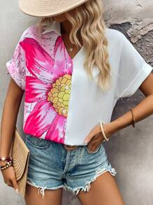 Breezaya Camisa Floral Feminina de Manga Curta Morcego para o Verão com Botão Decorativo - Multicolorido - Visão 1