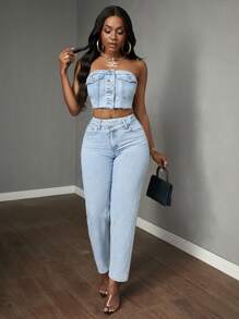 Slaydiva 夏季時尚前開鈕扣修身短身丹寧上衣 - 淺色水洗藍 - 查看 2