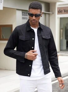 Manfinity Homme Men's Floral Embroidery Single-Breasted Casual Long Sleeve Denim Jacket - Black - View 4