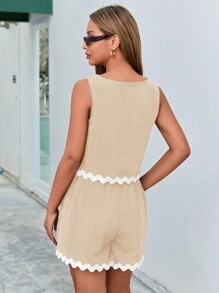 SHEIN Essnce Conjunto de chaleco y pantalones cortos con adorno de borde de concha en bloque de color en 2 piezas #Pascua - Albaricoque - Ver 2