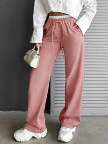 EURMUSE Women's Solid Color Simple Daily Casual Pants - Berwarna merah muda - View 4