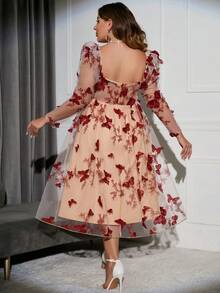 Double Crazy 大碼蝴蝶貼花雞心領口泡泡袖網紗連衣裙