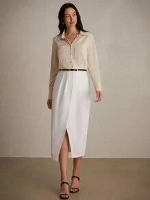 SHEIN Privé 紋理工作服長袖女士通勤襯衫 - 杏色 - 查看 7