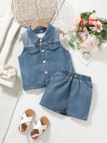 Young Girl Summer Casual 3pcs Set: Denim Vest, Skirt, And Solid Knit Tank Top - Multicolor - View 5