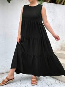 SHEIN Essnce 大尺碼女士夏季休閒假日復活節寬鬆口袋長裙，女士夏季服裝，女士沙灘裙，綠色連衣裙，長款春裙，春季悠閒休閒裙，口袋裝飾裙，長款沙灘連衣裳 - 黑色 - 查看 3