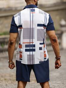 Manfinity Homme 男士加大尺碼假期休閒幾何印花短袖襯衫和純色短褲兩件套 - 彩色 - 查看 2