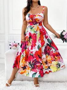 Elenzga Plus Size Women's Simple Daily Random Printed Dress Maxi Women Outfit - Multicolor - View 5