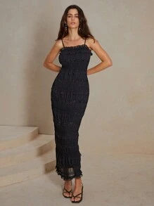 Anewsta Glitter Ruffle Trim Slim Strap Solid Color Summer Spaghetti Strap Dress - Black - View 7