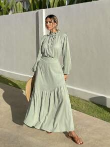 RueChic 綁帶領口長袖上衣，帶褶邊設計，優雅編織套裝，適用於夏季 - 薄荷綠 - 查看 2