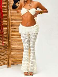 低腰蕾絲拼接修身喇叭褲配層疊荷葉邊，適用於夏季假期 - 米色 - 查看 4