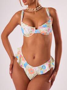 Musera Resort Vintage Floral Print Frill Sides Bikini Bottoms Only Summer Beach Resort