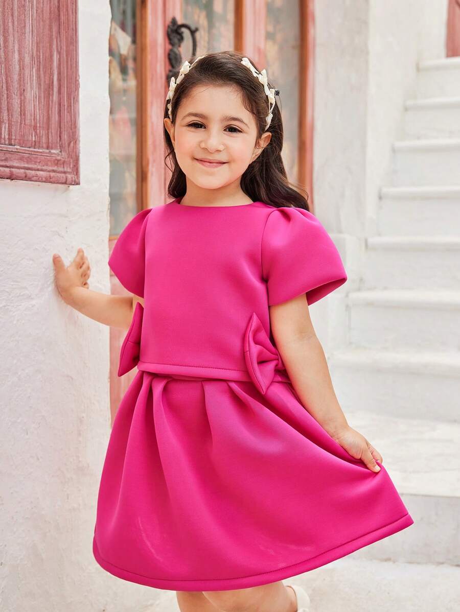 SHEIN Fashionable Girls' Pink Loose-Fitting Skirt 2-Piece Set - Hot Pink - View 1