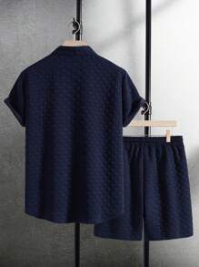 Manfinity Homme Men's Summer Casual Solid Texture Short Sleeve Shirt And Shorts Set - Navy Blue - View 2