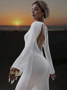 Women's Solid Color Hollow Out Backless Beach Summer Vacation Long Sleeve Fitted Cover Up Dress - White - View 6