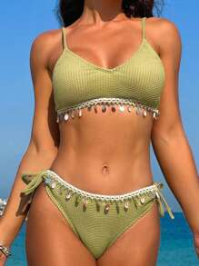 SHEIN Swim Summer Beach Women Woven Band Patchwork Bikini Set With Shell Decoration For Vacation And Beach - Dark Green - View 1
