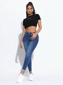 SHEIN PETITE Quần jean nữ dáng ôm vừa vặn có viền cuộn và túi - Rửa trung bình - Xem 2