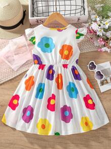 SHEIN Robe à col rond pour jeune fille avec fleurs colorées embellies - Multicolore - Voir 2