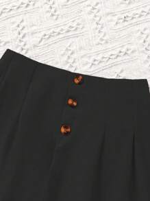 SHEIN Quần short thường ngày có nút xếp li trang trí cô gái Tween - màu đen - Xem 4
