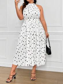 Celure Plus Size Polka Dot Pleated Dress With Ribbon Ties