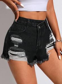 SHEIN PETITE Women's Asymmetrical Frayed Edge Fashion Denim Shorts, Summer