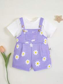 SHEIN Baby Girl Newborn Floral Pattern Overall Shorts - Mauve Purple - View 1