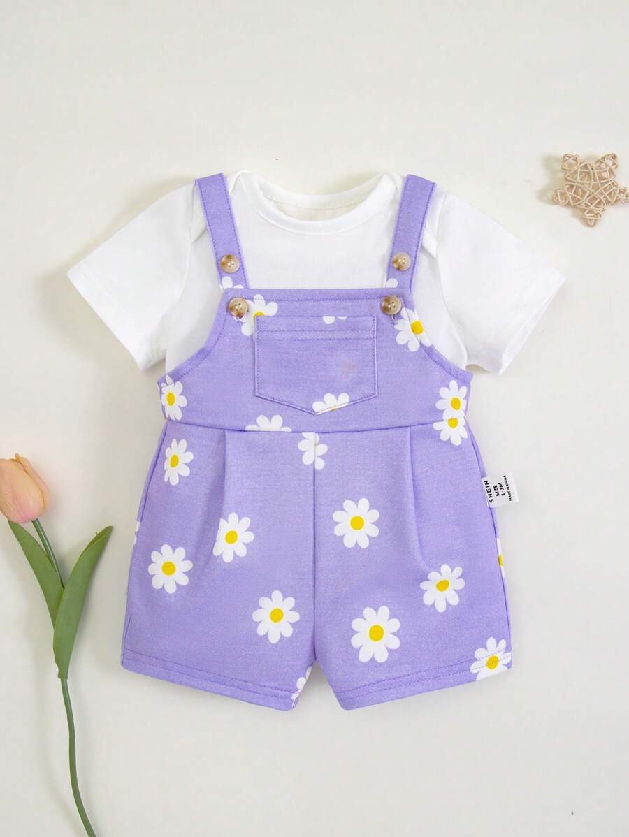 SHEIN Baby Girl Newborn Floral Pattern Overall Shorts - Mauve Purple - View 1