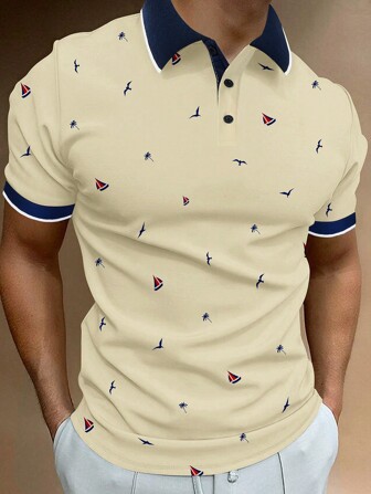 Manfinity Mode Men's Summer Nautical Printed Short Sleeve Casual/Office Polo Shirt