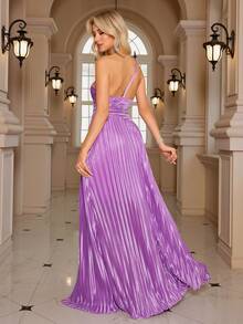 女式露背长款派对礼服，高腰褶皱和大腿高开衩，优雅舞会半正式婚礼宾客礼服，适合生日、毕业典礼、返校节 - 紫色 - 查看 2