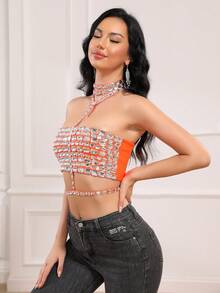 Top de style ras-du-cou en bandage avec strass, sexy et noble, fait main - Orange - Voir 5
