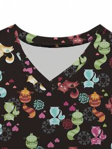Fashionable Cat Printed Short Sleeve Scrub Top - Black - View 5
