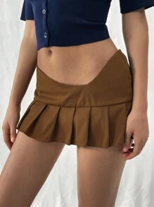 SHEIN Unity Summer Solid Color Asymmetrical Low Waist Mini Skirt With Ruffles - Brown - View 1