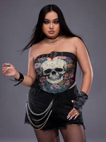 Pretty Circuits Artist Dark Casual Skeleton Head Printed Crop Top, Slim Fit, Plus Size For Women, Multicolor, For Summer, Holiday, Going Out, Festival - Multicolor - View 1