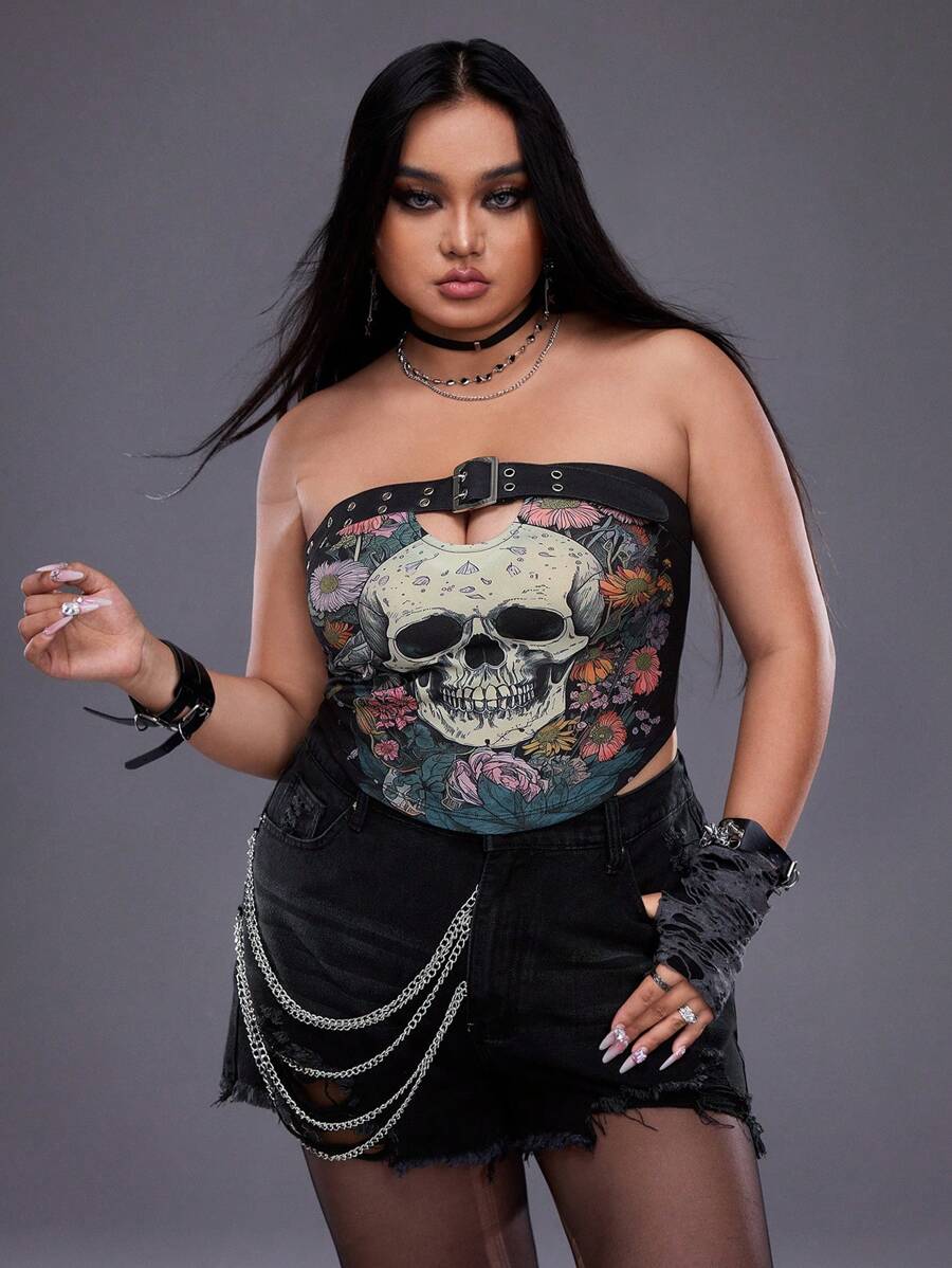 Pretty Circuits Artist Dark Casual Skeleton Head Printed Crop Top, Slim Fit, Plus Size For Women, Multicolor, For Summer, Holiday, Going Out, Festival - Multicolor - View 1