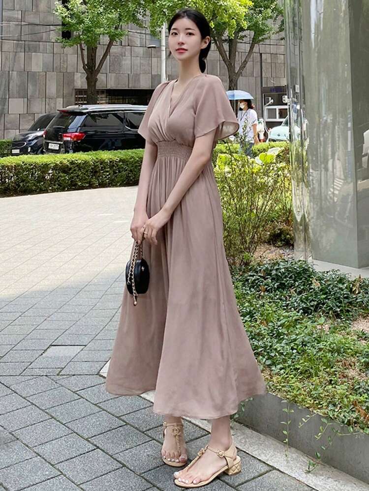 Ladies' Korean Style Elegant Solid Color Long Short-Sleeved Tie-Up Dress,Ruffle