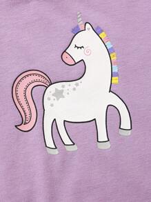 SHEIN Baby Girls' Cute Unicorn Printed Short Sleeve Romper With Shorts, Mesh Skirt And Headband Set, Homewear - Mauve Purple - View 3
