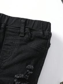 SHEIN Pantalones cortos informales de mezclilla desgarrados y con bordes ásperos para bebé, suaves y lindos, para el verano - Negro - Ver 5