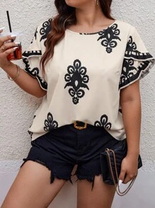 Breezaya Cămașă Boho Casual cu mânecă scurtă de mărime Plus, cu design cu imprimeu aleatoriu și decolteu rotund pentru vară