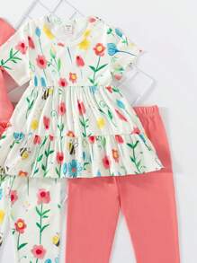 SHEIN Young Girl Toddler 2pcs Set, Short Sleeve Top With Letter, Floral, And Butterfly Print, And Leggings - Multicolor - View 5