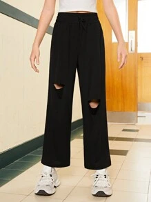 SHEIN Pantalones largos rasgados de unicolor simples para uso diario para niñas preadolescentes - Multicolor - Ver 2
