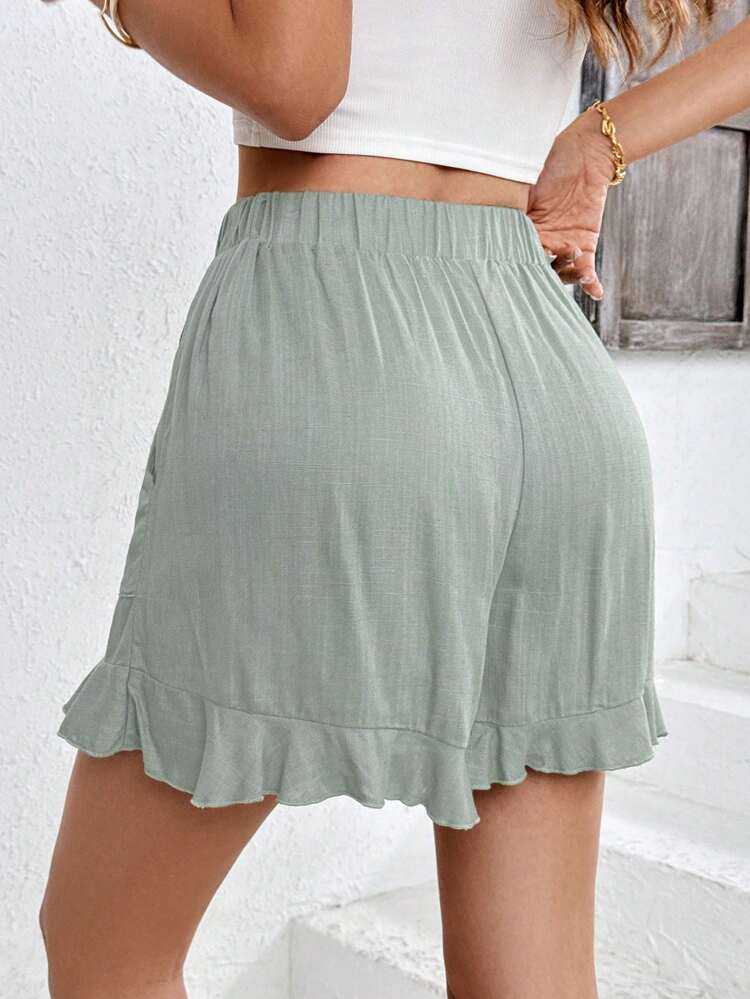 Fashionable, Simple, Loose And Comfortable Summer Shorts, Paper Bag Waist Shorts, Suitable For Summer Vacation, Daily Commuting, French Simplicity, Linen Green Casual Christmas