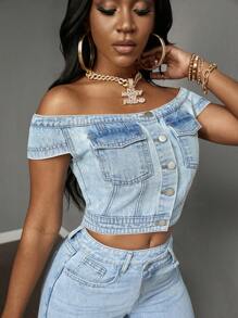 Slaydiva 女士純色簡約日常露肩牛仔上衣 - 淺色水洗藍 - 查看 5