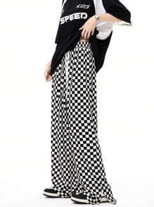 Coolane Checkerboard Straight-Legged Street Style Casual Extra-Long Pants - Black and White - View 1